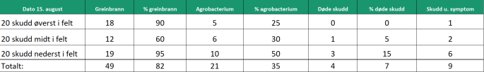 Tabell 1 Undersokte skudd for greinbrann og bakteriesvulst i et bringebaerfelt i Asvang i Stange